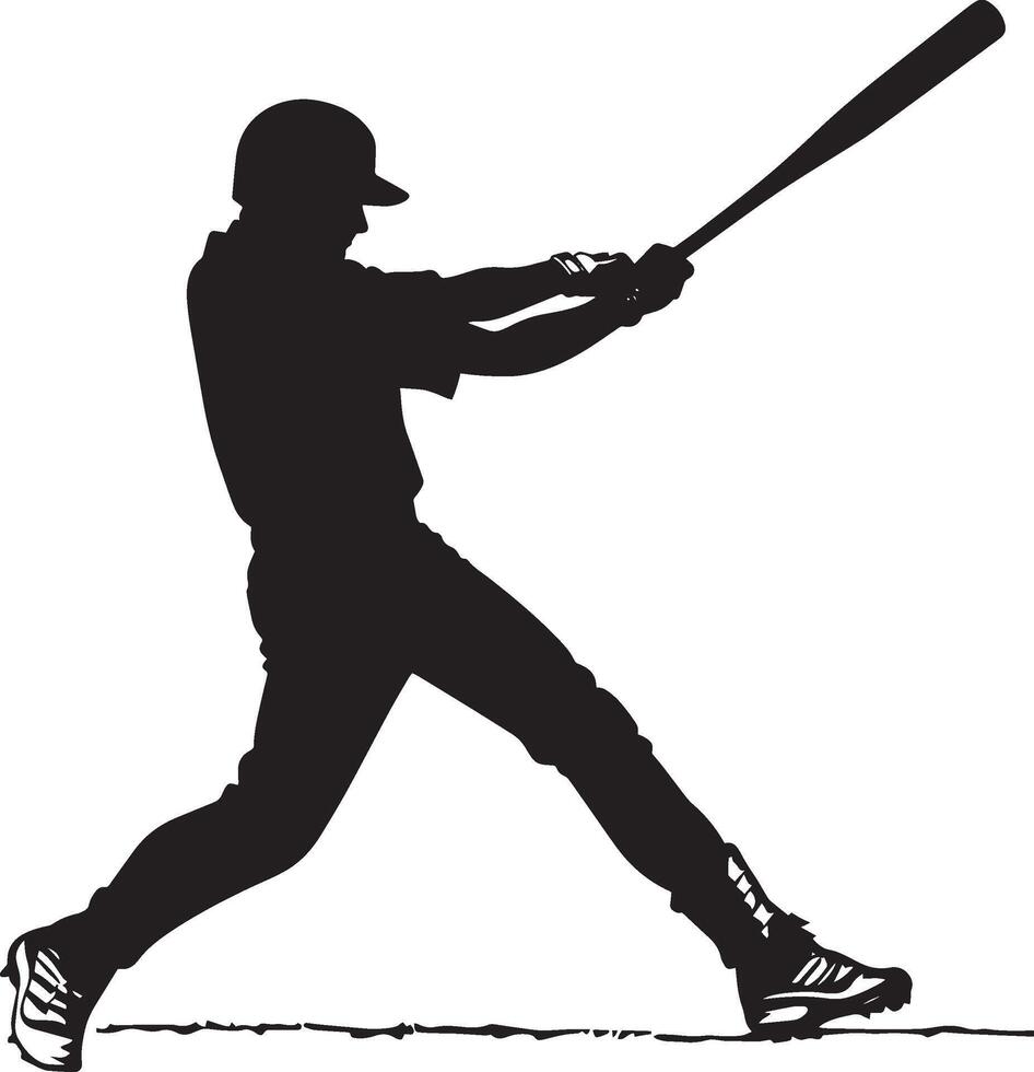A batter swinging for a home run, bat extended as the ball flies over the fence, full-body silhouette vector