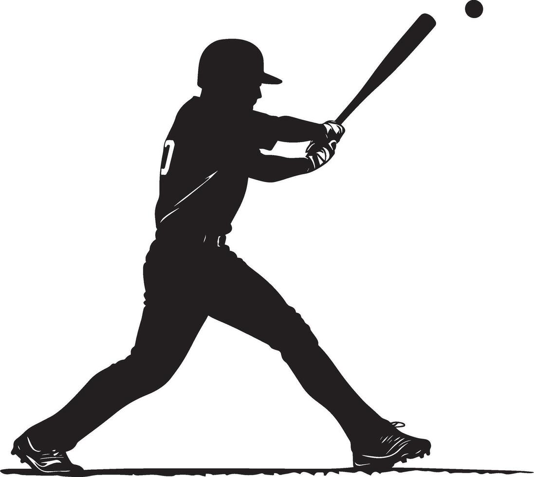 A batter hitting a pitch high into the air, bat extended in follow-through, ball soaring over the fence, full-length silhouette black illustration vector