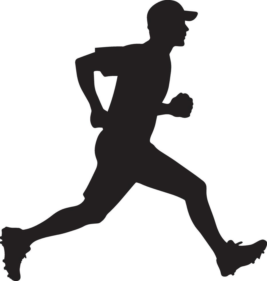 A runner racing toward first base, legs pumping and body leaning forward, full-length silhouette vector