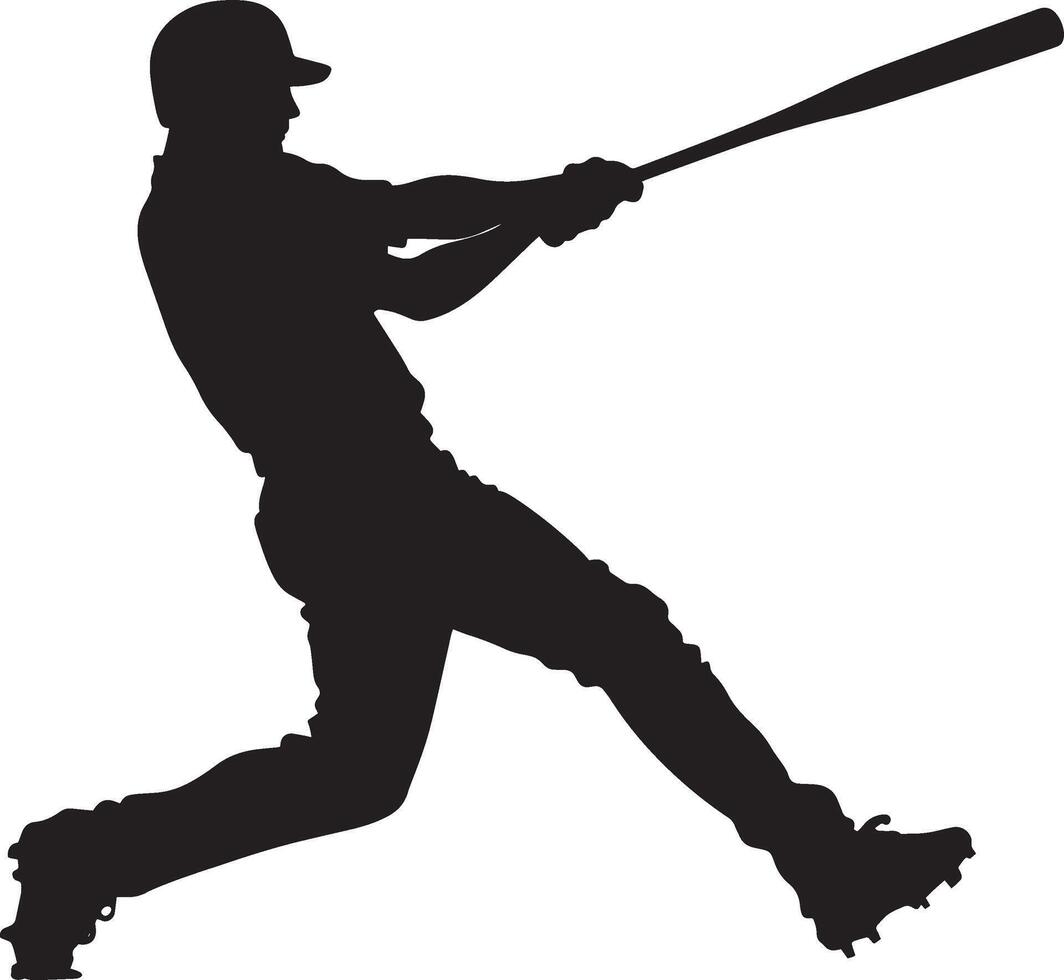 A batter following through with a powerful swing, hitting the ball high into the air, ball flying over the fence, full-length silhouette black vector