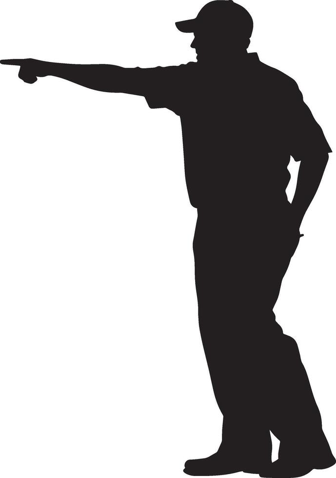 Umpire Calling Out Silhouette An umpire signaling an out, with one arm pointed forward and the other resting by their side. full length silhouette black illustration vector