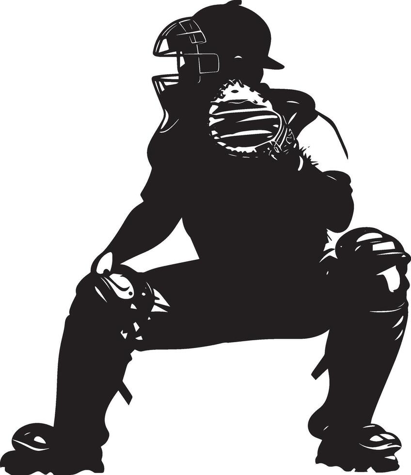 Catcher Receiving the Pitch Silhouette A catcher in the squat position, catching the ball as it crosses the plate, with the glove extended in front. full length silhouette black illustration vector
