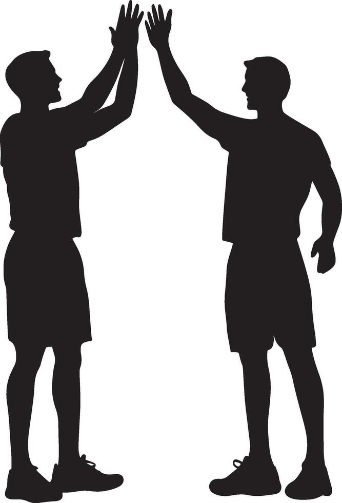 Two players sharing a high-five with arms extended in joy, full-length silhouette illustration. vector