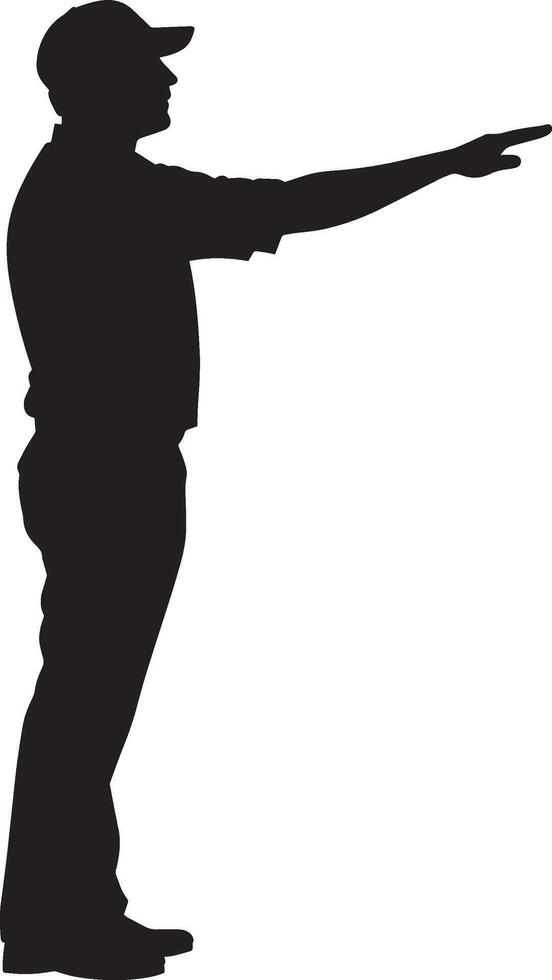 An umpire making the safe call, extending one arm horizontally at the base, full-length silhouette illustration. vector