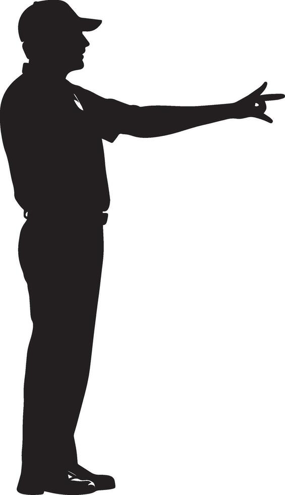 An umpire signaling a safe call at the base, arm extended horizontally, full-length silhouette . vector