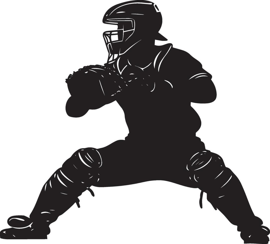 A catcher positioned in front of home plate, ready to tag out a sliding runner, full-length silhouette . vector
