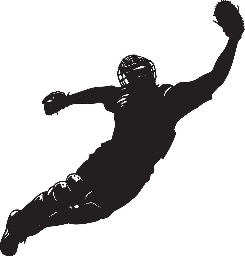 Catchera Throw to First Base Silhouette A catcher throwing to first base to pick off a runner, with the body angled sideways and the arm extended. full length silhouette black illustration vector