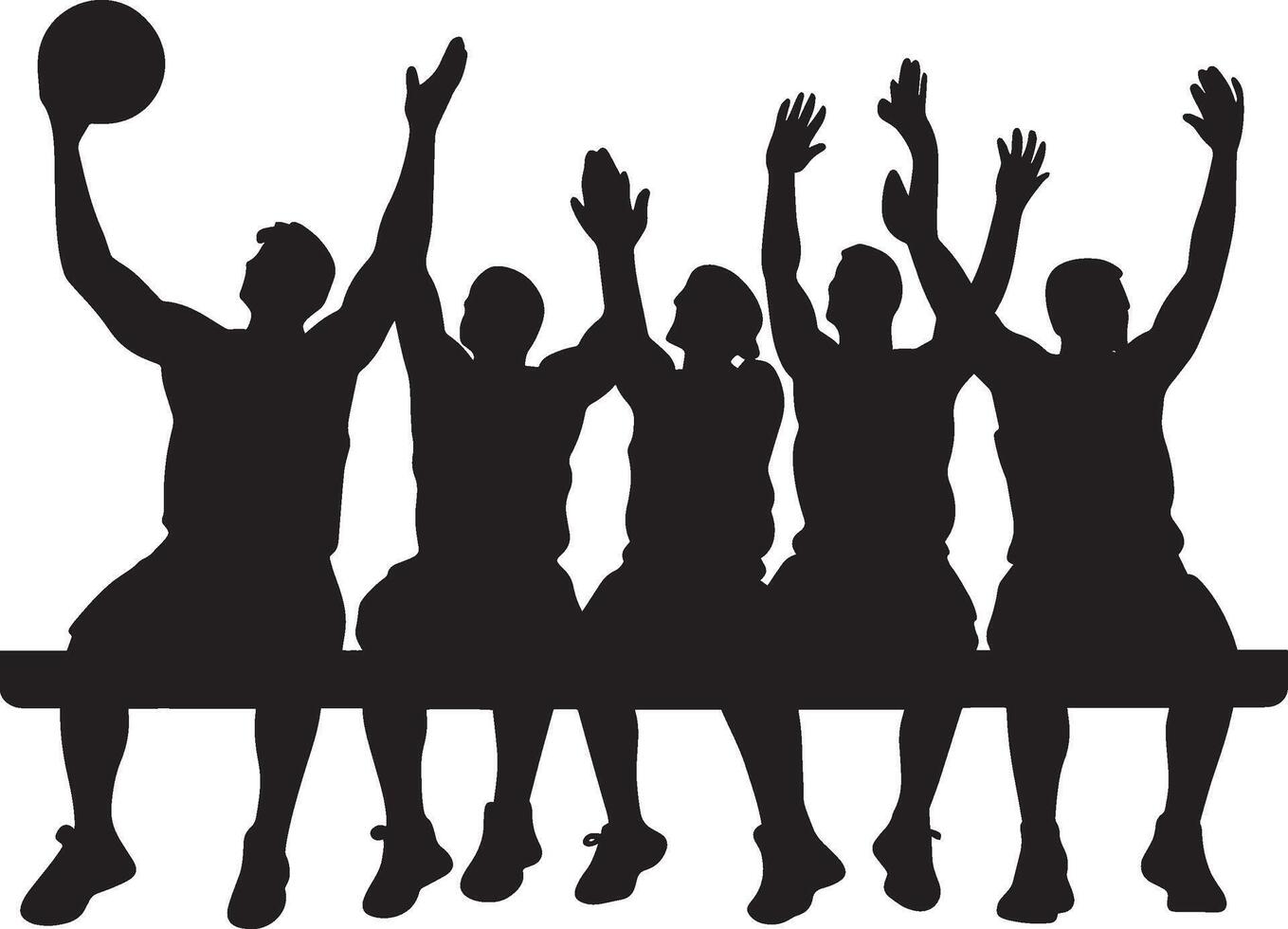 Players on the bench clapping and cheering for teammates on the court, full-length silhouette black illustration vector