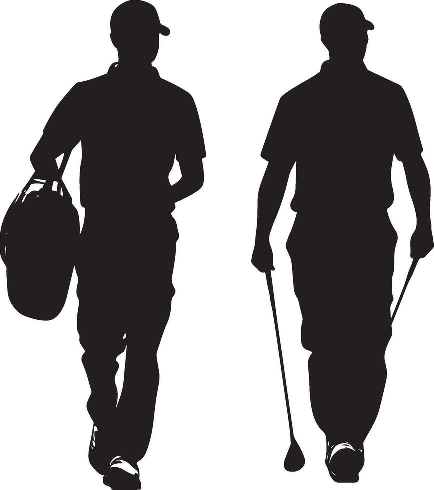 A caddie strides across the course, golf bag slung over their shoulder, ready to support the golfer, full-body black illustration. vector