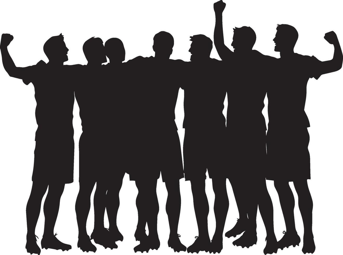 Team Huddle Silhouette A group of players gathered in a circle, discussing strategy or celebrating a victory. full length silhouette black illustration vector