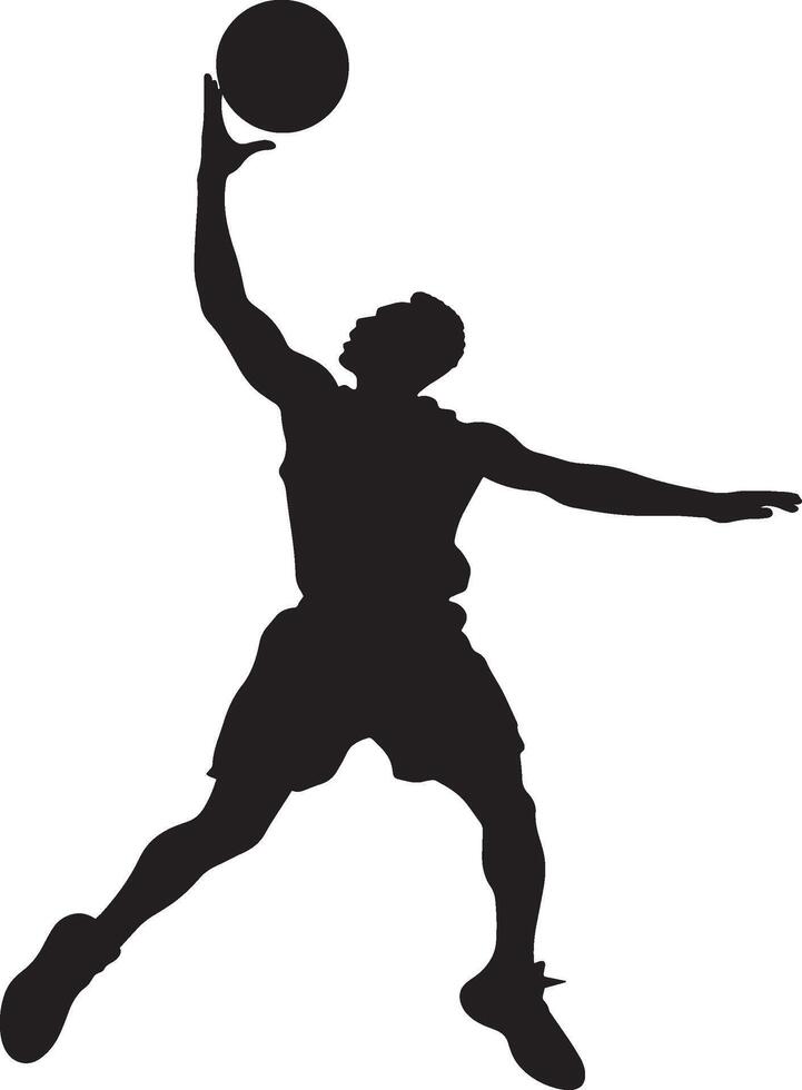 A player tossing the ball toward the rim for a teammate to dunk mid-air, full-length silhouette black illustration. vector