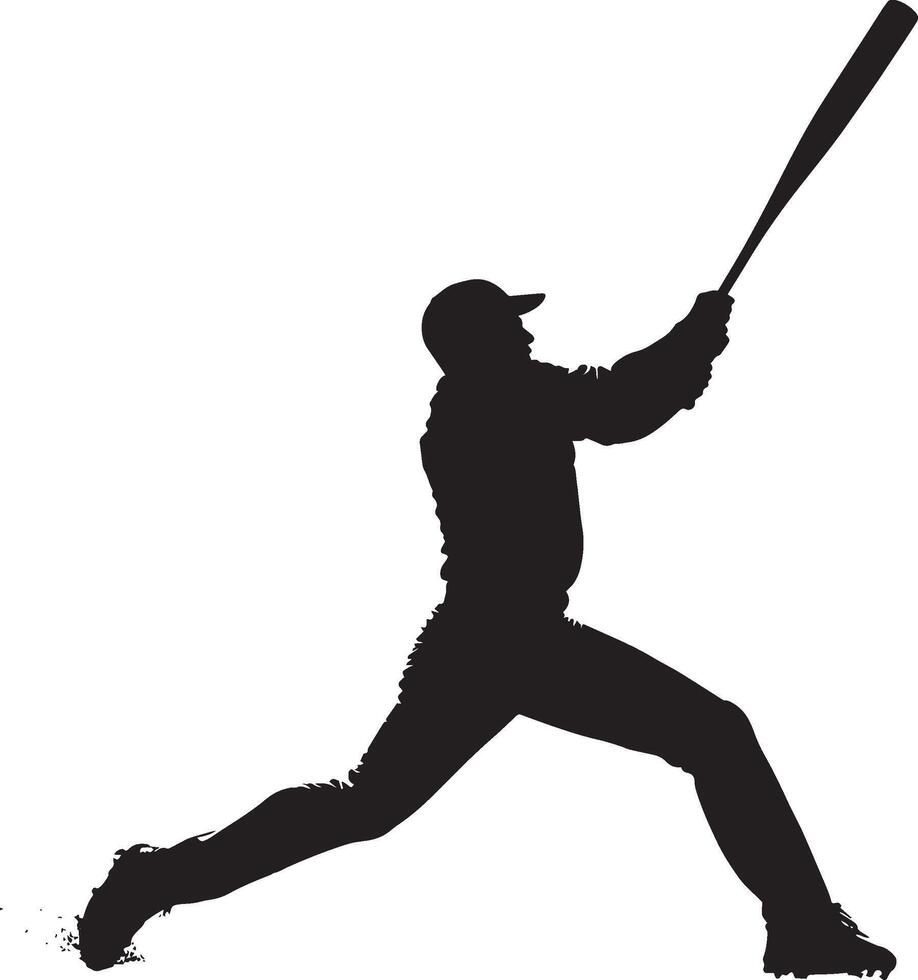 A batter mid-swing, arms extended with the bat at full speed, preparing to hit the ball, full-length silhouette black illustration vector