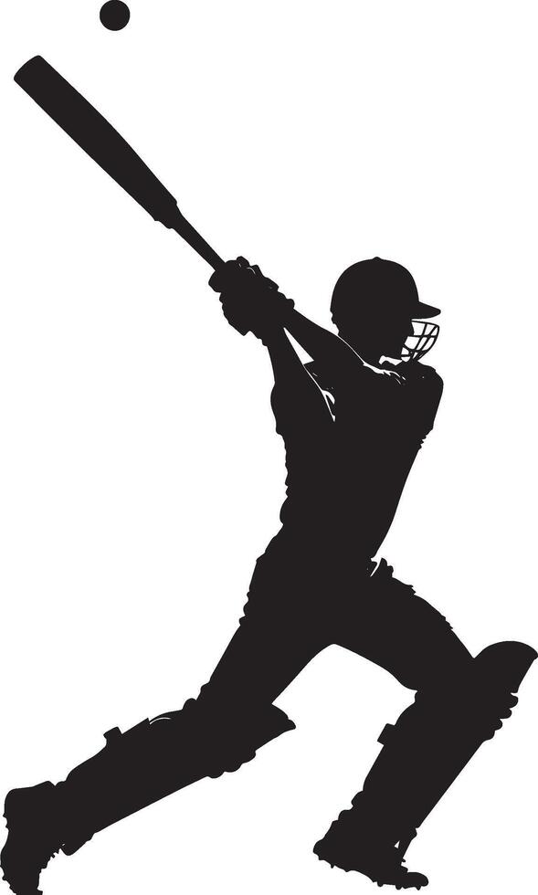 A batter in the middle of a swing, bat at full speed, arms extended to strike the ball, full-body silhouette vector