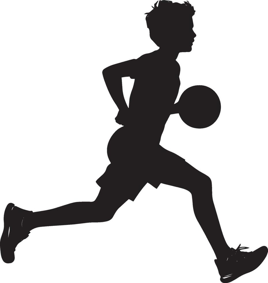 A player racing down the court, ball in hand, attempting to score during a fast break, full-body silhouette vector