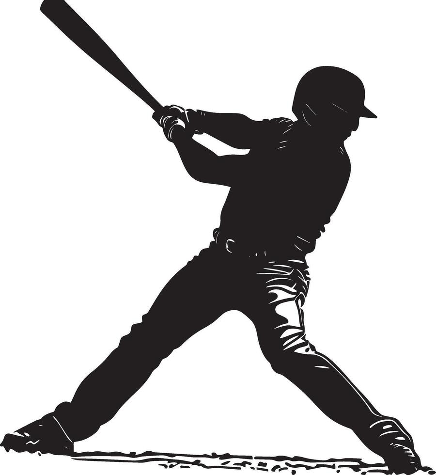 A batter swinging with power, leaning back as the ball is hit, bat at the peak of the follow-through, full-body silhouette vector