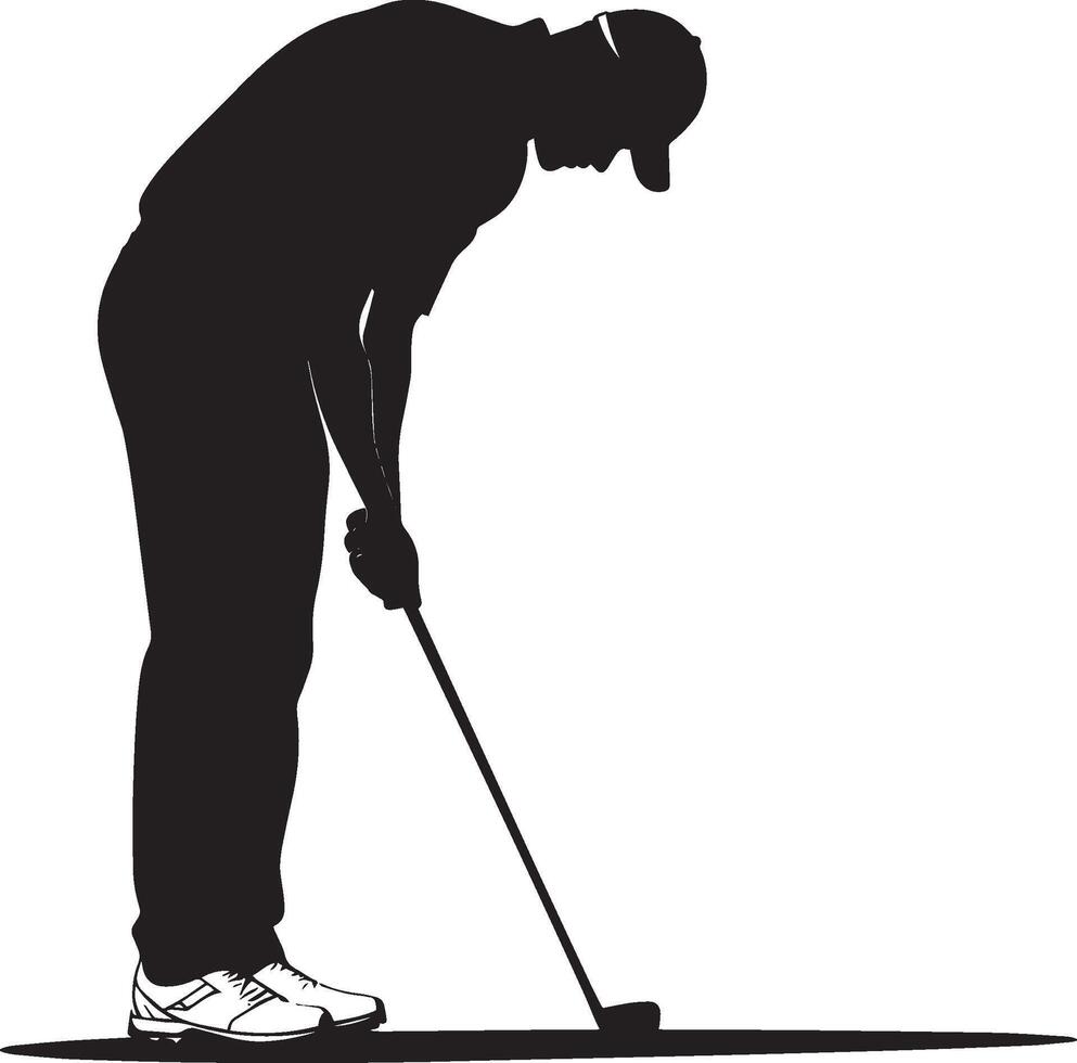 A poised golfer readies the winning putt, eyes locked on the hole, full-length black silhouette illustration. vector