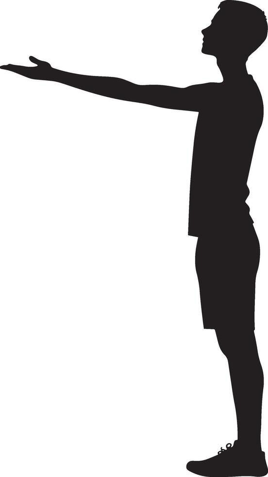 A player at the free-throw line, one arm extended, preparing to shoot the ball, full-length silhouette black illustration vector