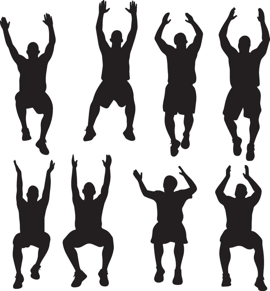 Teammates on the bench clapping and cheering, supporting players on the court, full-body silhouette vector