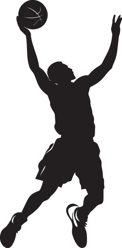 A player making an alley-oop pass, ball in the air for a teammate to dunk, full-body silhouette . vector