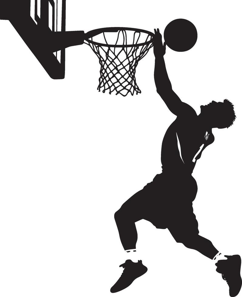 A player leaping to tip the ball into the basket, hands extended just before the rim, full-body silhouette . vector