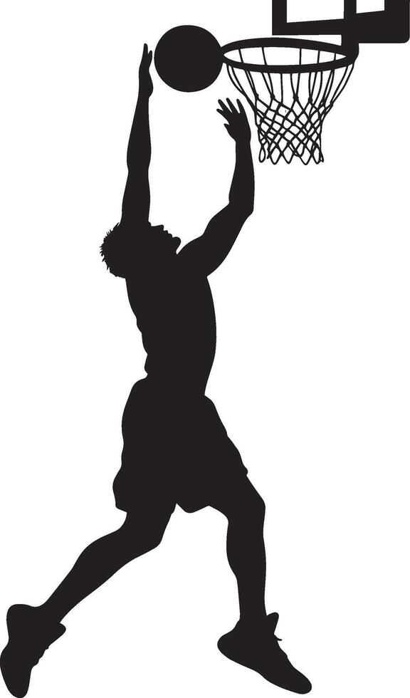A player jumping near the basket to tip the ball in, hands reaching out just before it hits the rim, full-length silhouette black illustration. vector