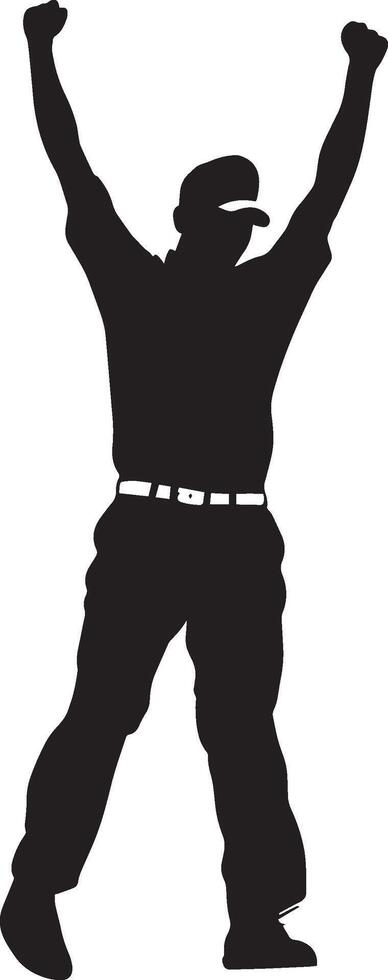 A golfer leaps with joy, fist raised in celebration after scoring a hole-in-one, full-length black illustration. vector