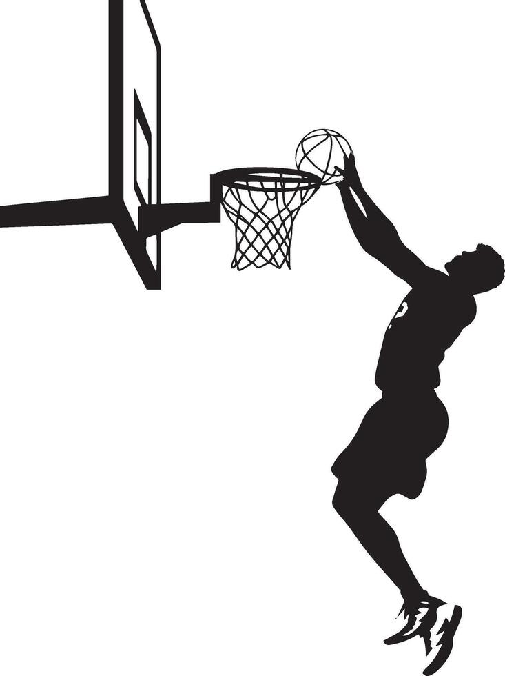 Tip-In Silhouette A player jumping near the basket to tip the ball in, with hands reaching out just before it hits the rim. full length silhouette black illustration vector