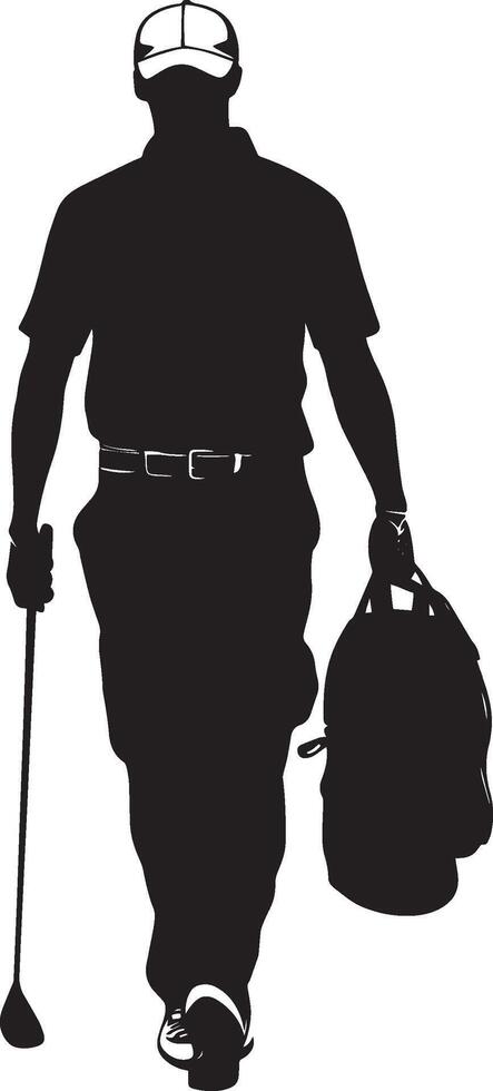 A caddie walks beside a golfer, carrying a golf bag and assisting with club selection, full-length black illustration. vector