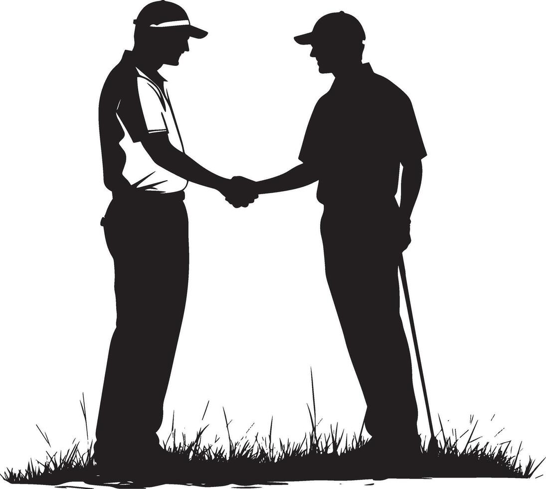 Two golfers shake hands after completing their round, showcasing mutual respect and camaraderie, full-length black illustration. vector