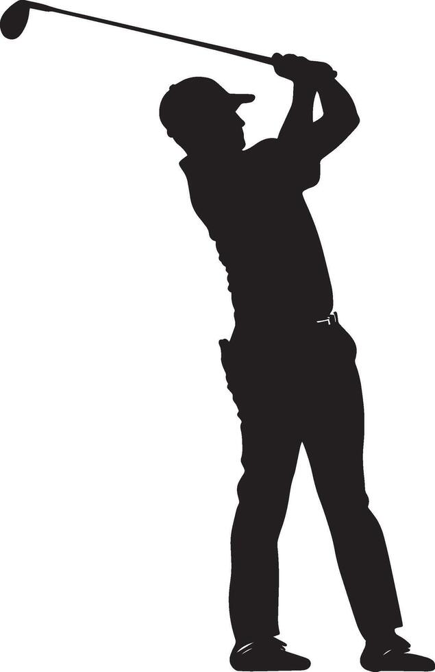 A golfer mid-swing, club angled forward, striking the ball with precision on the fairway. vector