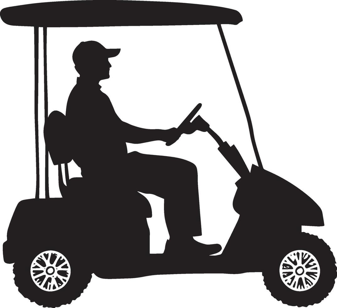 A silhouetted golfer seated in a cart, exploring the scenic greens. vector