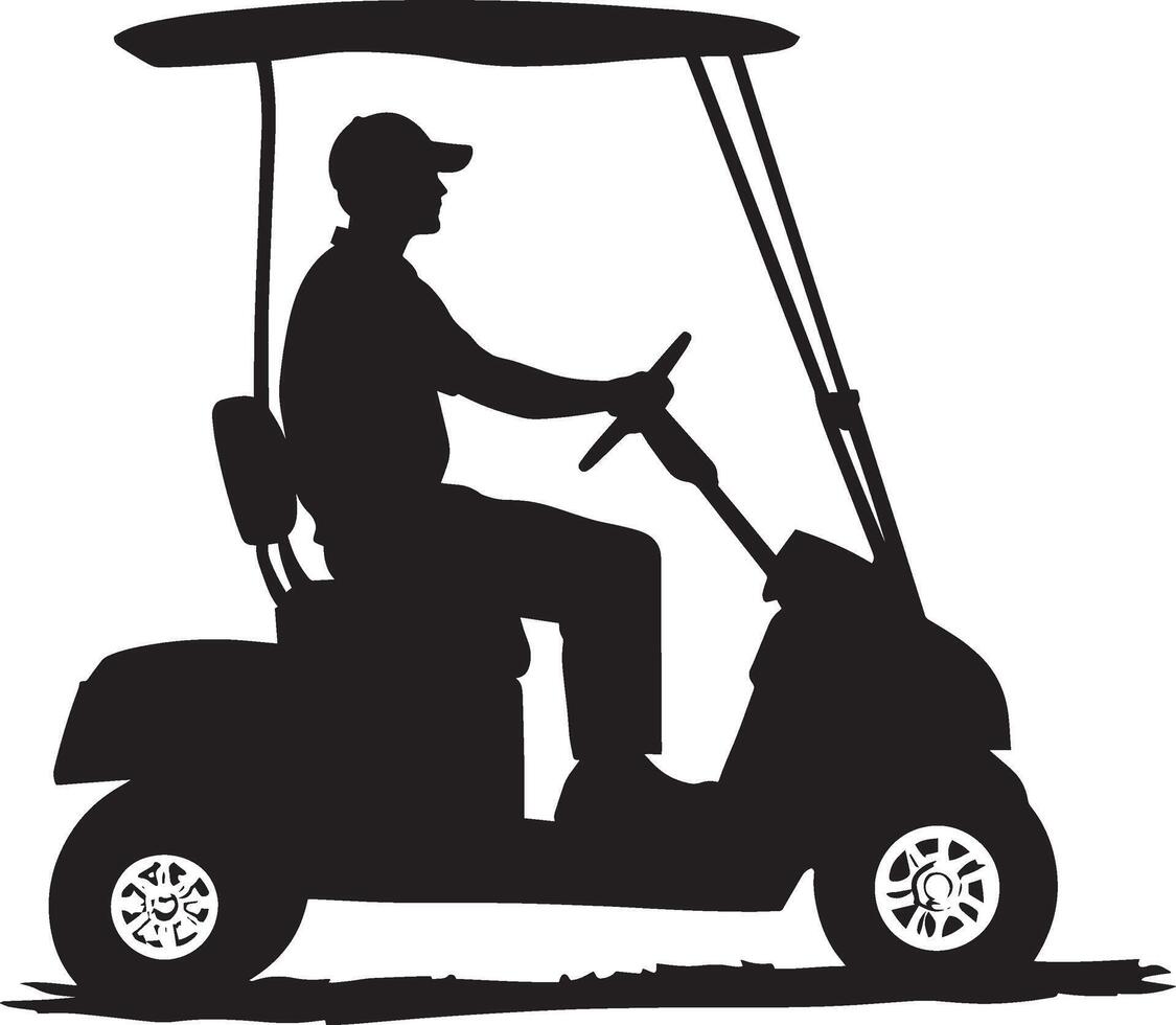 A golfer cruising in a golf cart, heading to the next hole in black silhouette. vector