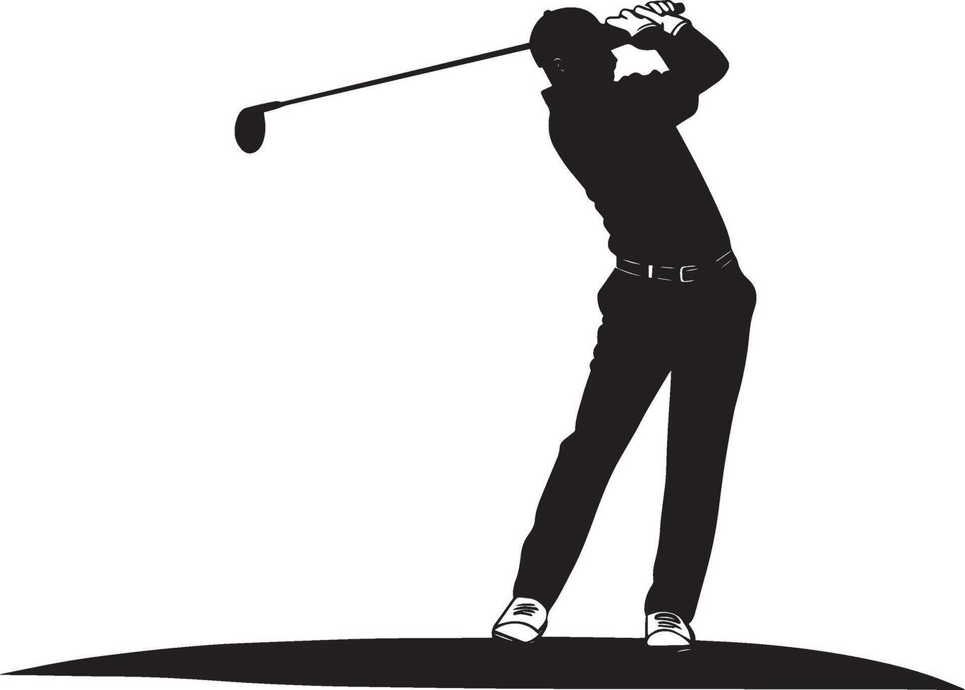 A golfer in the midst of an iron shot, with the club angled and hitting the ball on the fairway. vector
