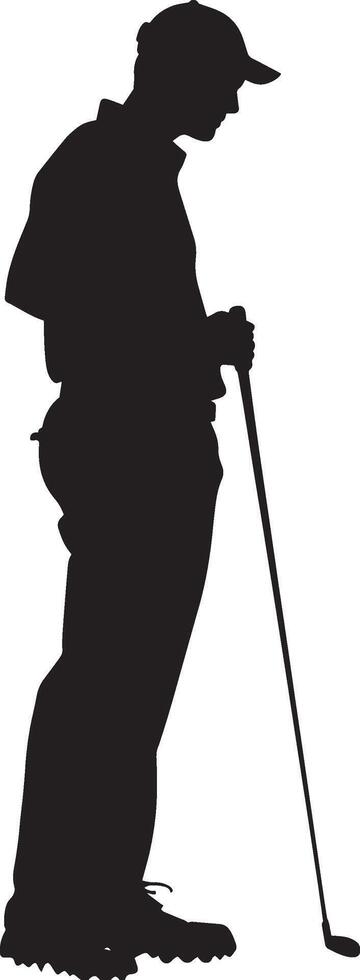 A golfer holding a distance measuring device, surveying the course or flag. vector