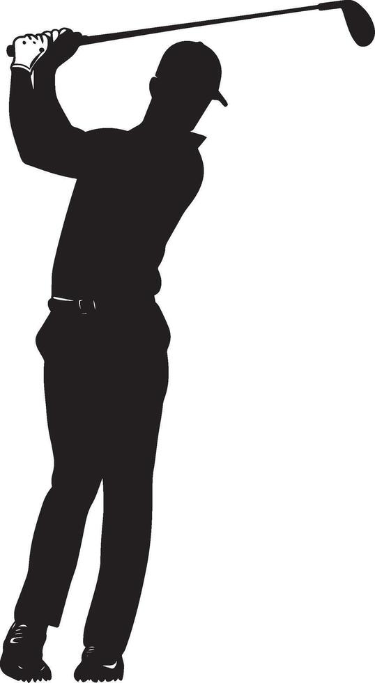 A golfer poised to strike, club lifted high behind and focused on the ball. vector
