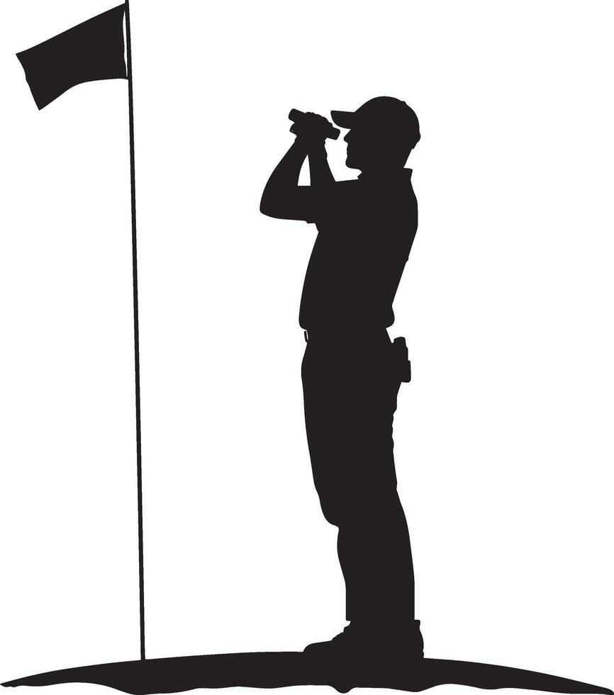 A golfer using a rangefinder to check the distance to the flag or course layout. vector