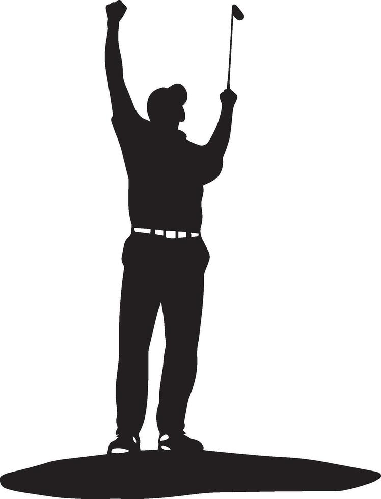 A golfer cheers with a raised fist, celebrating a perfect birdie shot, full-length black illustration. vector