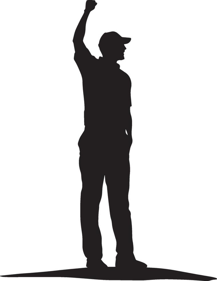 A player raises their arm in joy after sinking a birdie putt, full-body black illustration. vector