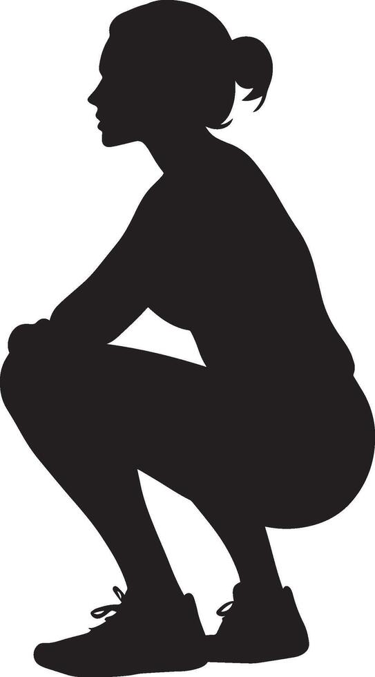 Squats Silhouette A person in a deep squat, thighs parallel to the ground with arms extended forward or bent. full length silhouette black illustration vector