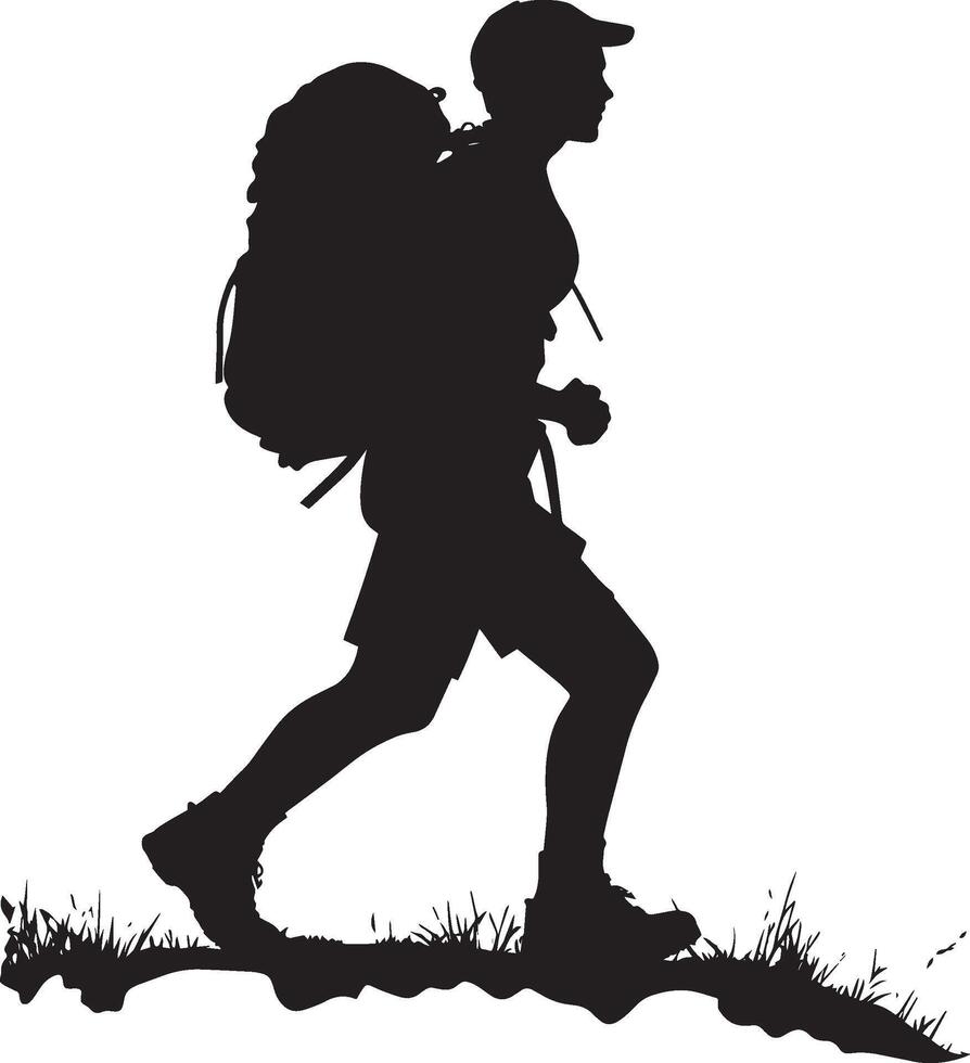 A person walking with a backpack, trekking along a path with one foot ahead. vector