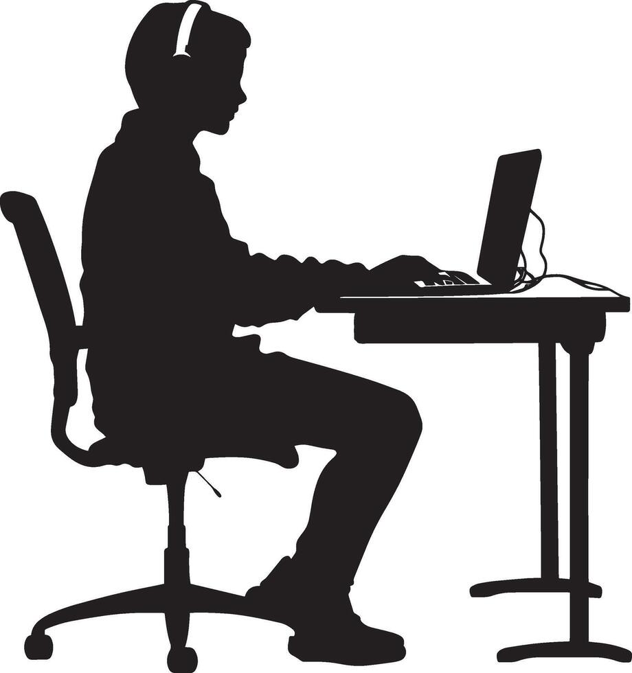 A student participating in an online class, focused with headphones on. vector