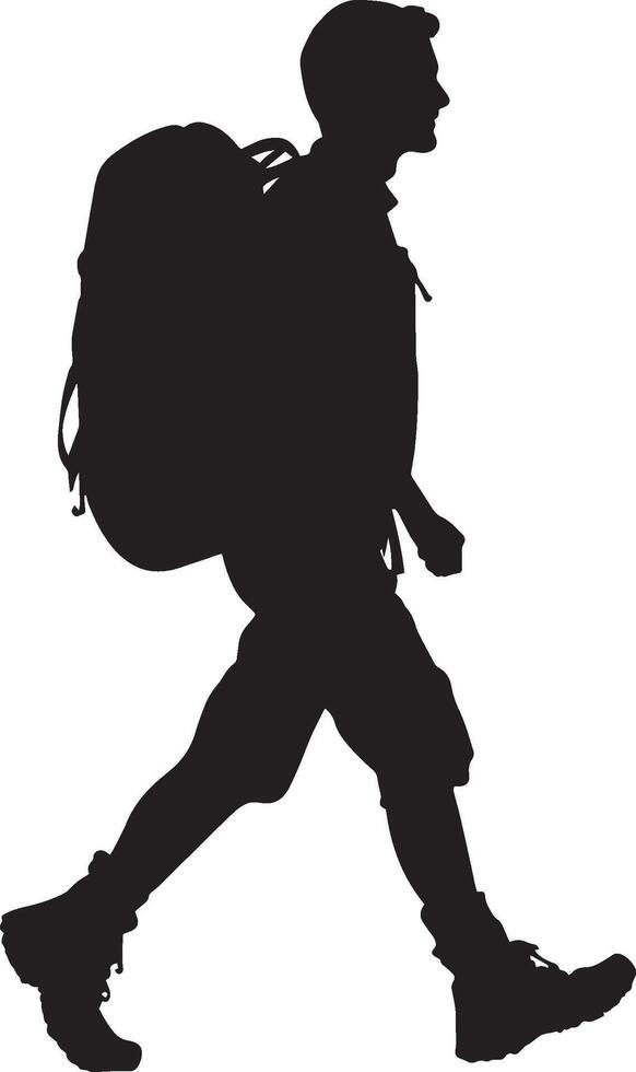 A person walking with a backpack, one foot forward as they trek along a trail. vector