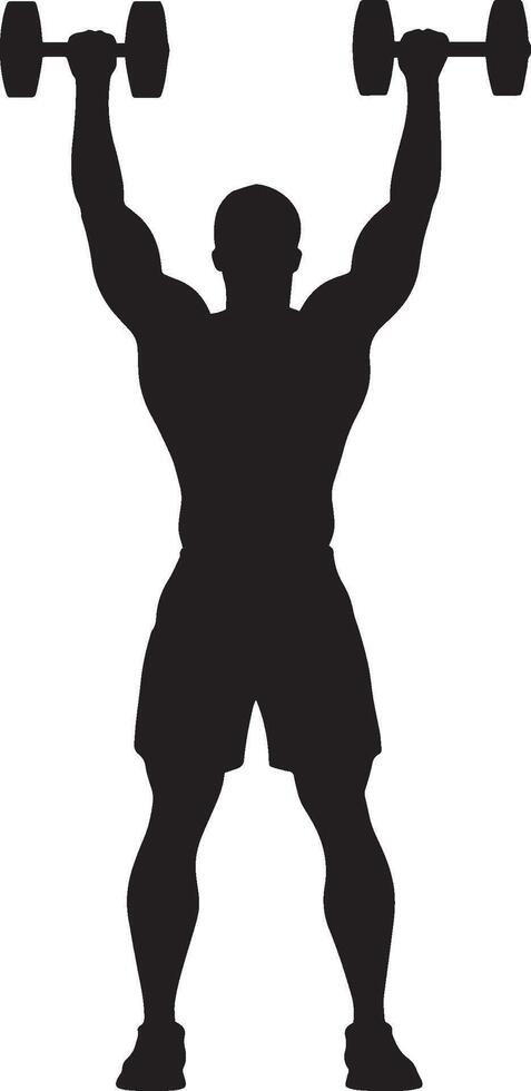 A person standing with dumbbells held above their head in an overhead press. vector