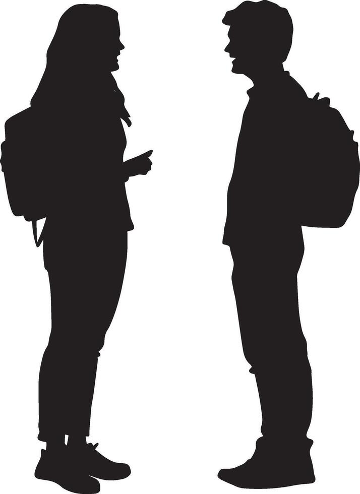 Two or more students standing together, chatting and laughing in the hallway or courtyard. vector