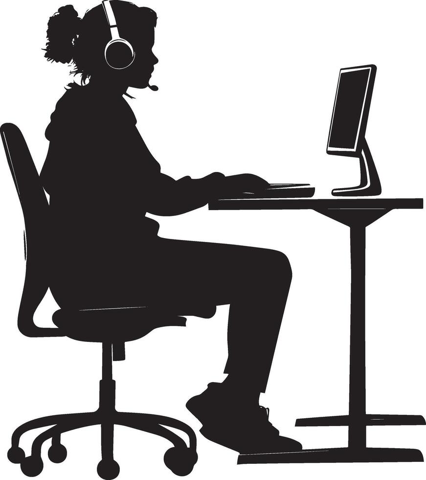 A student engaged in a virtual class, wearing headphones while sitting at a desk. vector