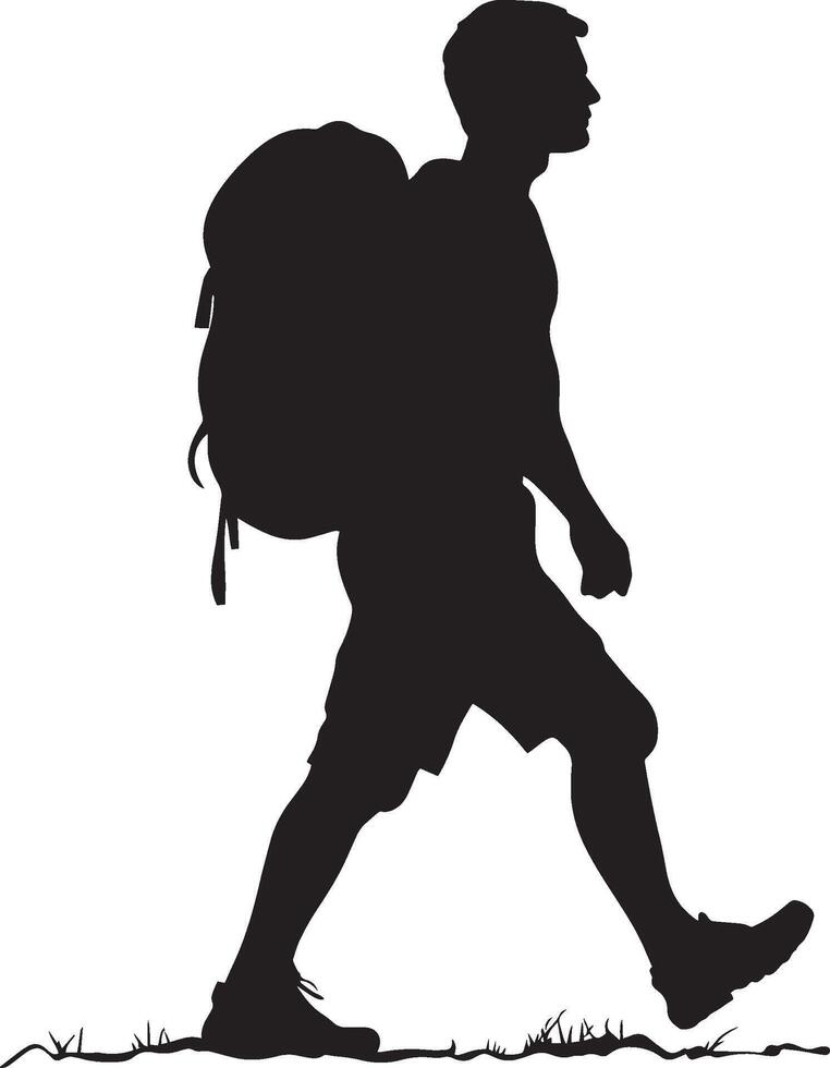 A person with a backpack, walking with one foot forward on a scenic trail. vector