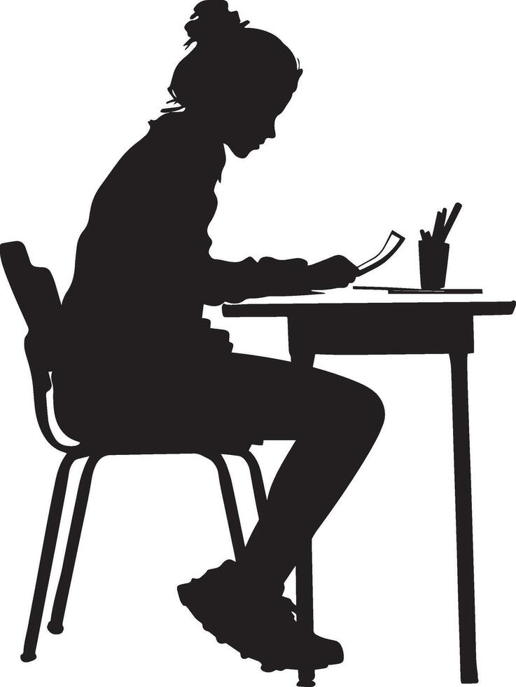 A student using flashcards at a desk to study for an exam. vector