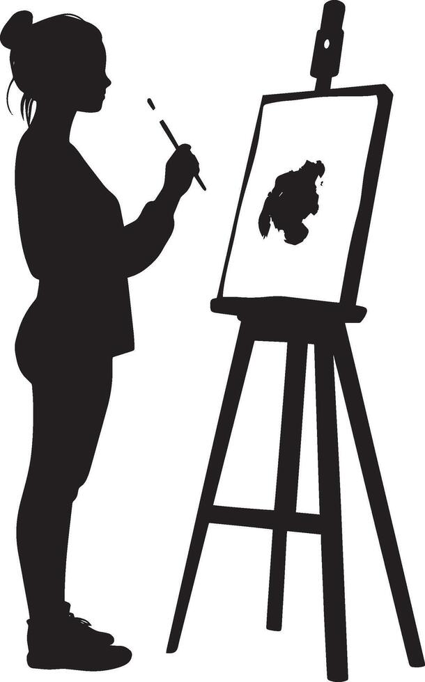 A student standing at an easel, brush in hand, focused on painting. vector