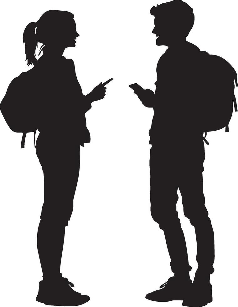 Two or more students chatting and laughing together in a hallway or outdoor space. vector