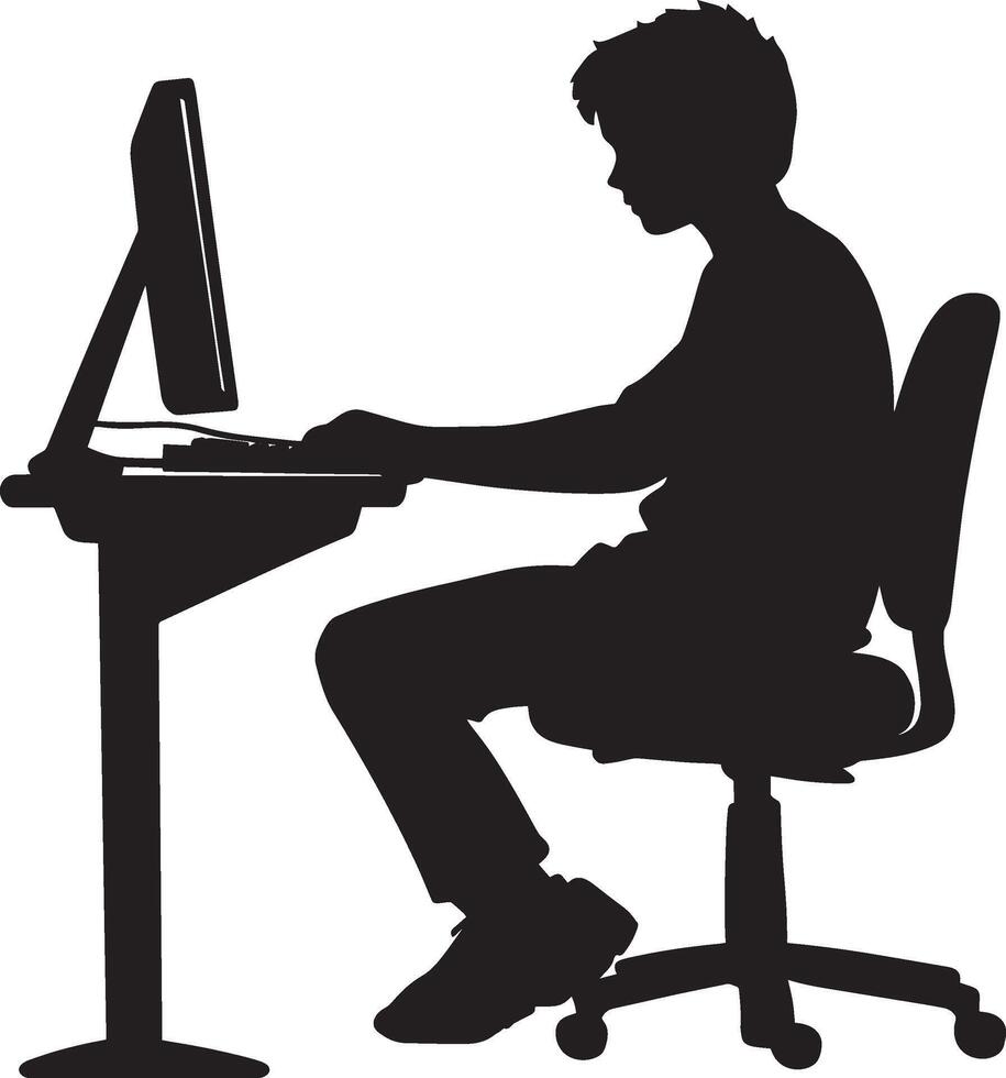 A student browsing the internet on a computer for project research. vector